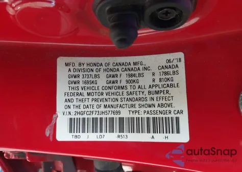 2018 Honda Civic Ex z USA, uszkodzony, nr VIN 2HGFC2F73JH577699